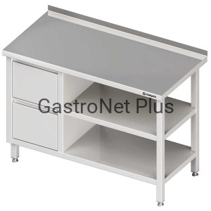 Stół przyścienny z blokiem dwóch szuflad po lewej stronie i dwiema półkami 1500 x 700 x 850